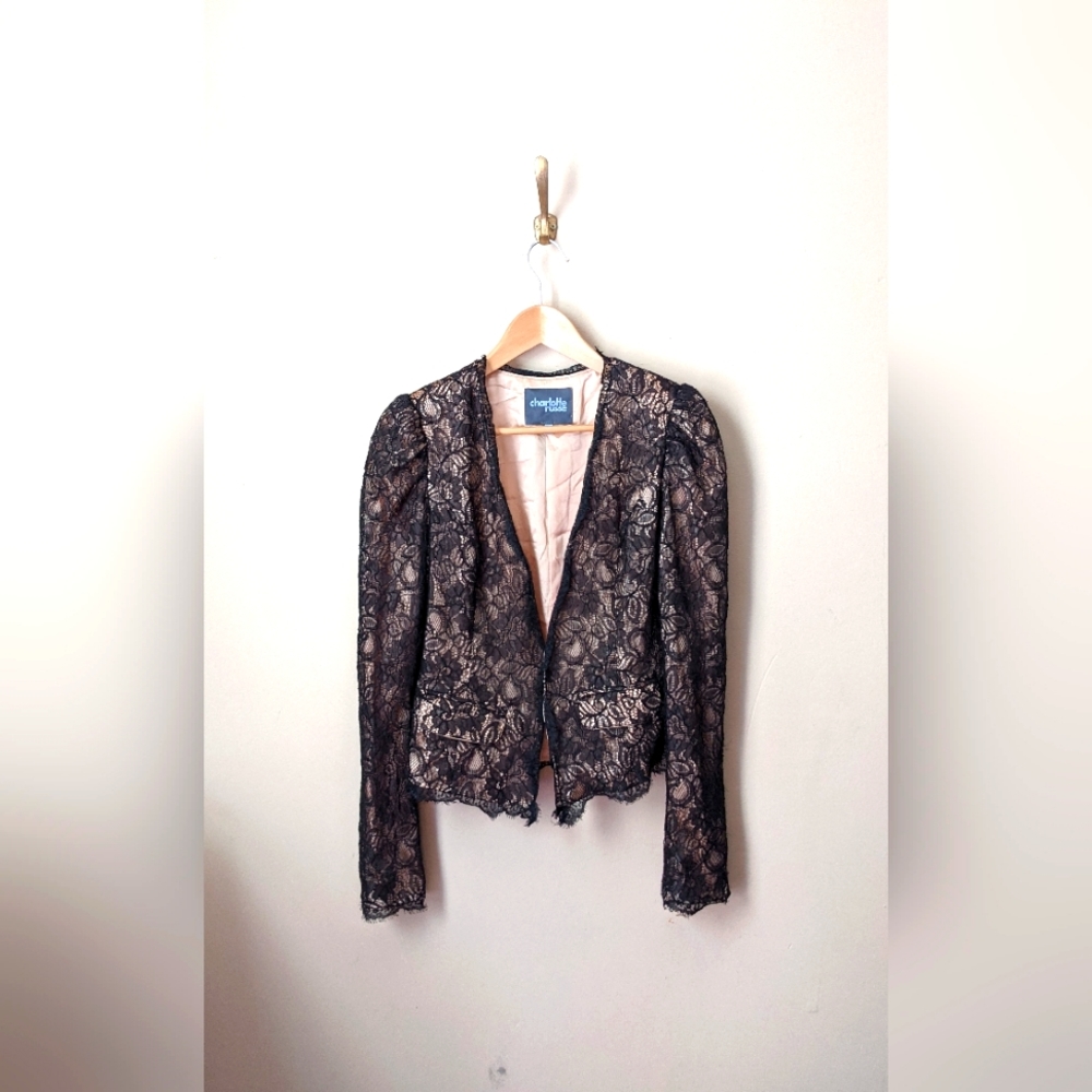 Charlotte Russe Black Lace Over Champagne Puff Shoulder Dress Coat